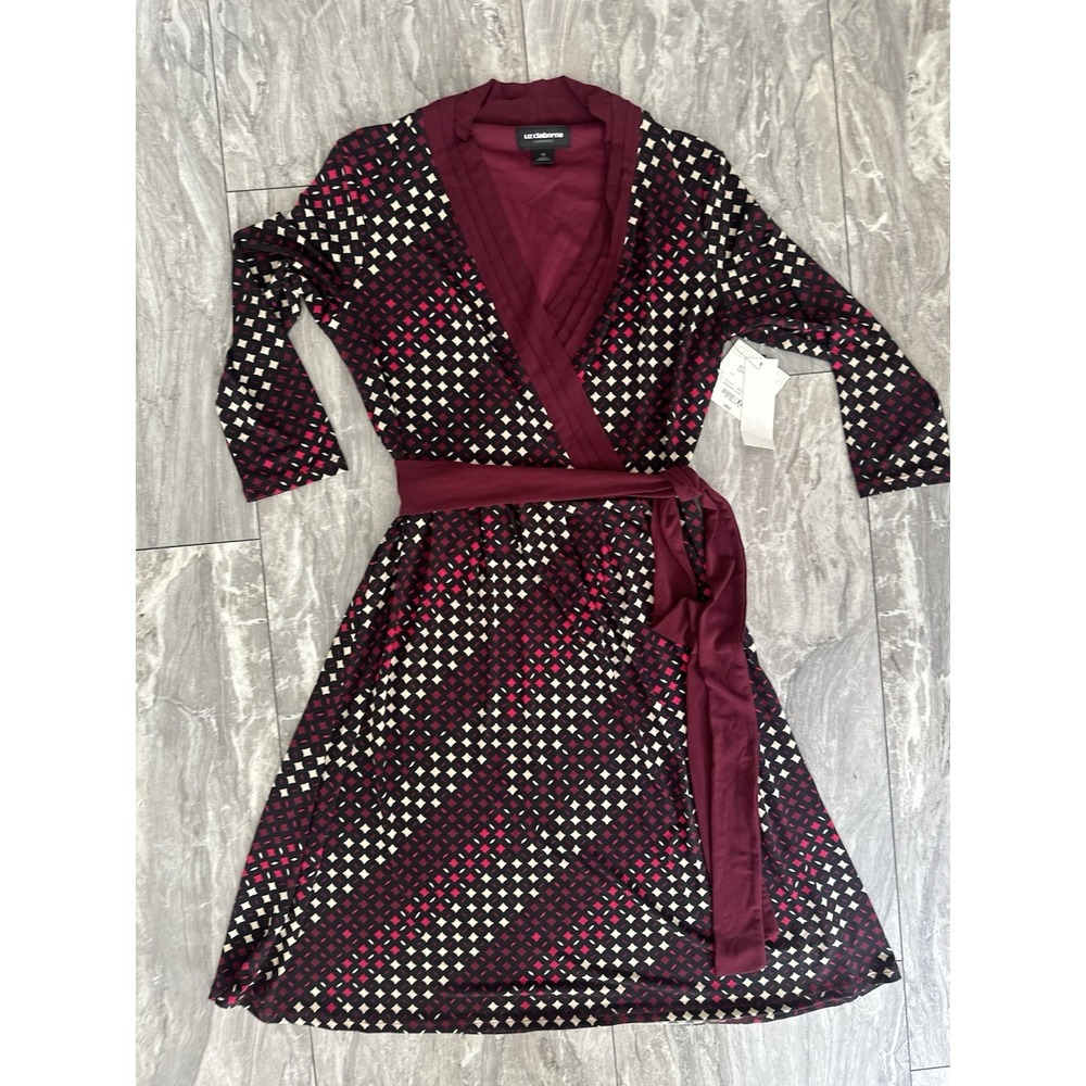 Liz Claiborne Career Wrap Dress Womens S Burgundy Geometric 3/4 Sleeve NWT 0334